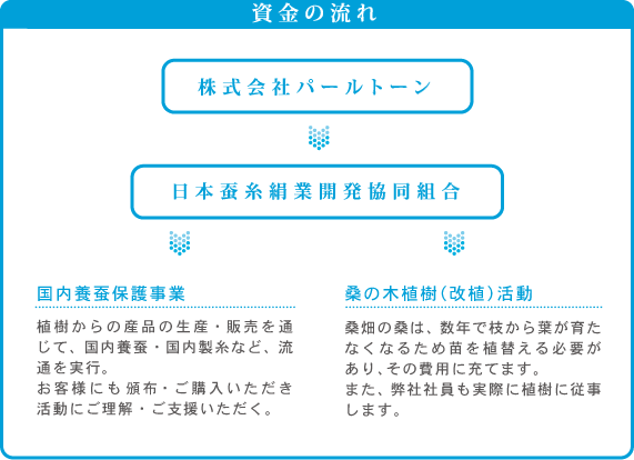 資金の流れ　株式会社パールトーン→日本養蚕絹業開発恊同組合→1、国内養蚕保護事業　植樹からの産品の生産・販売を通じて、国内養蚕・国内製糸など、流通を実行。お客様にも散布・ご購入いただき活動にご理解・ご支援いただく。　→2、桑の木植樹（改植）活動　桑畑の桑は、数年で枝から葉が育たなくなるため苗を植替える必要があり、その費用に充てます。また、弊社社員も実際に植樹に従事します。
